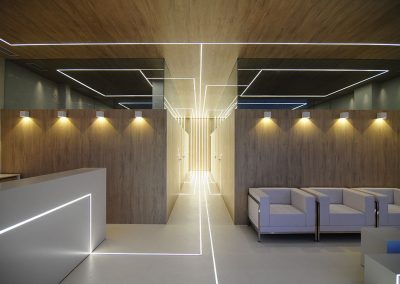 Las líneas de luz en el hall integran los elementos de mobiliario con la arquitectura